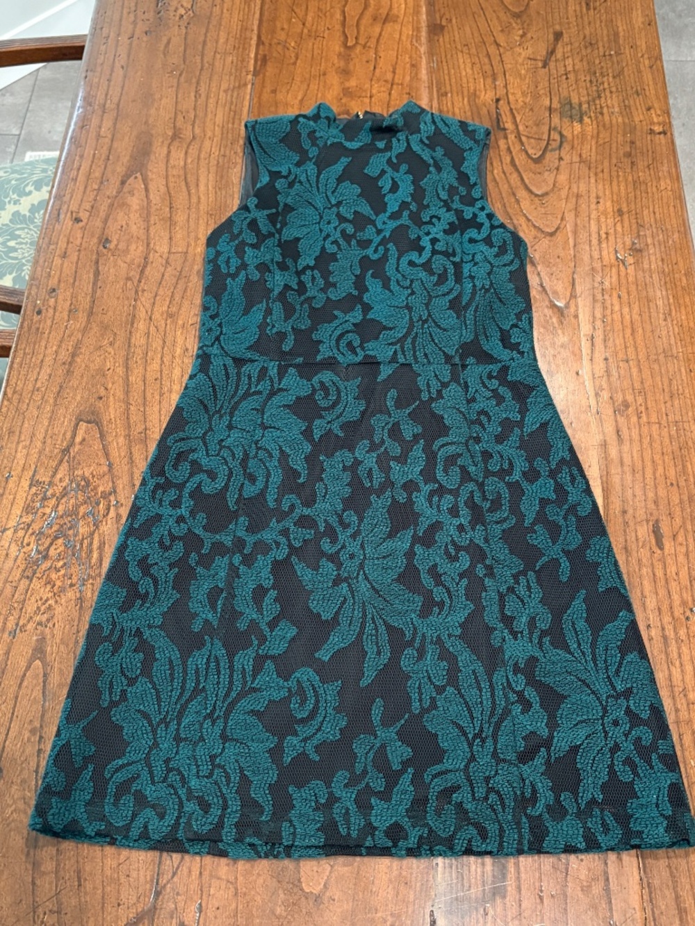 H&M Teal-Green & Black Lace Mock Neck Dress with Mesh Overlay Size 10